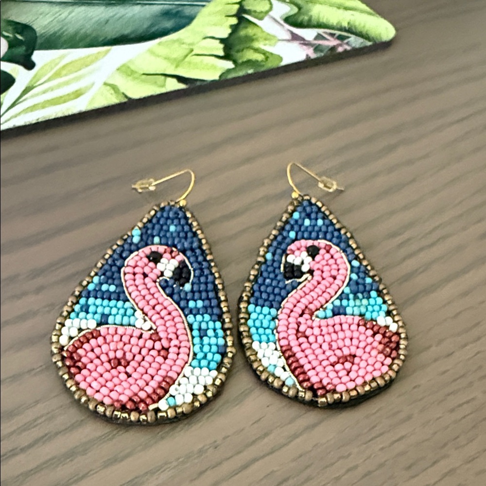 4/$20 Beaded Flamingo Teardrop Earrings
